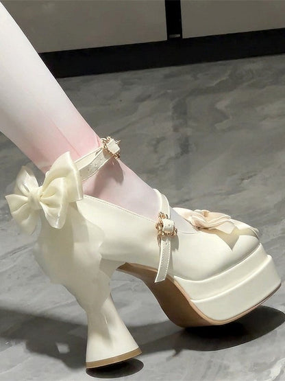 with Platform Heels Accents Bow Sweet Lolita Round-Toe High White