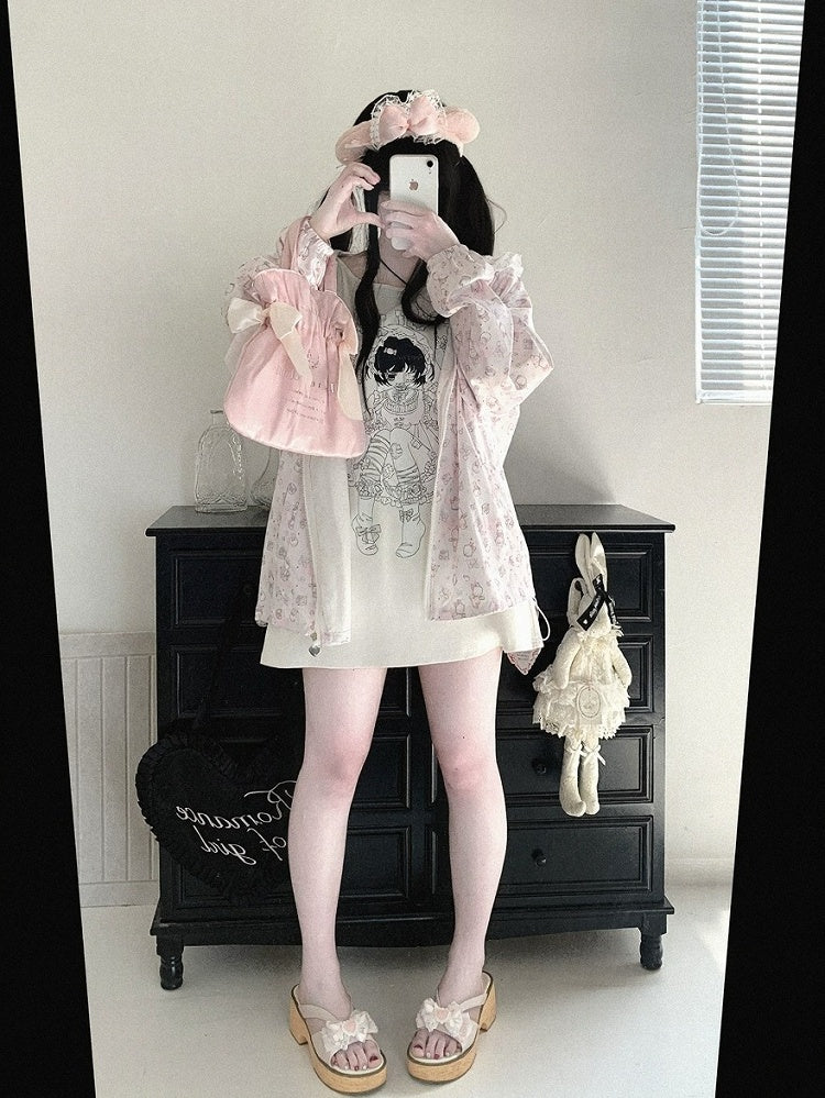 Bunny Print Hooded UV Protection Jacket, Pink & White, Ryousangata - Kitty Bxllet