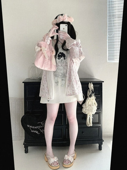 Bunny Print Hooded UV Protection Jacket, Pink & White, Ryousangata - Kitty Bxllet