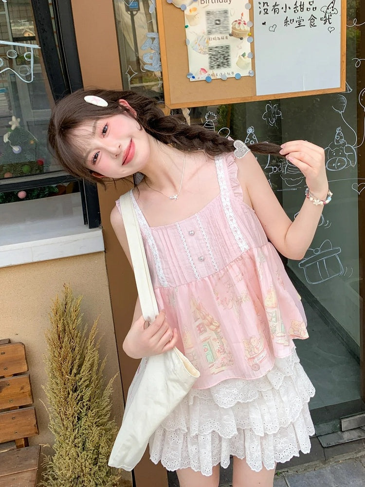 Flutter Bear Print Sleeveless Top Sweet Pink Sleeves Cartoon