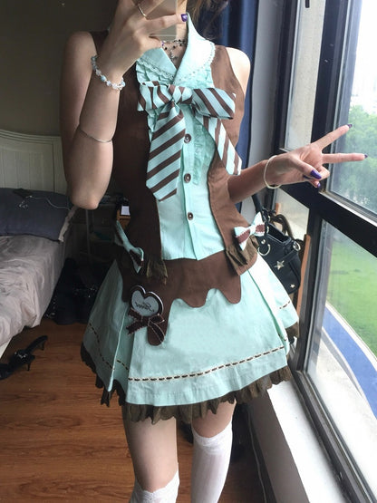 Mint and Cocoa Ruffled Lace Skirt with Heart Bow Brooch - Sweet Dream