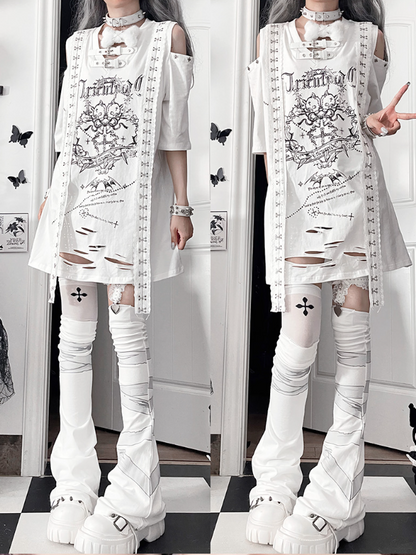 White Straps Short Trimmed Gothic Cutouts Shoulder with Sleeve Drop T-shirt Print Cross Lace Shoudler