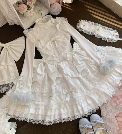 Turtleneck Trim Lace Top White Blue with Fur Accents