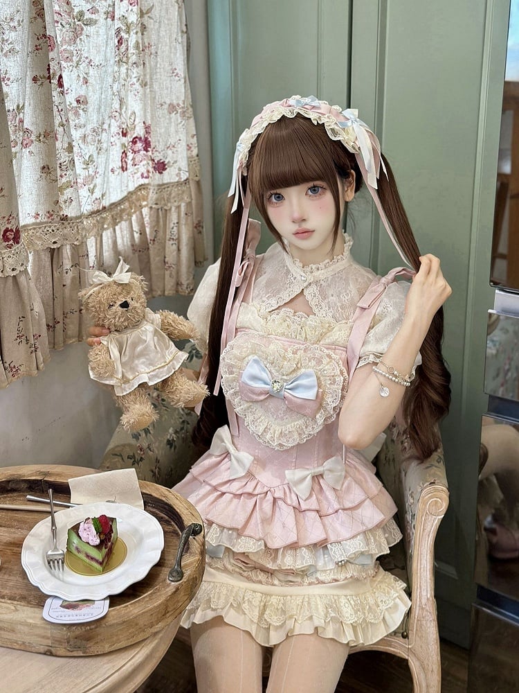 フル+リボンスイート - キャミスカート、ブルースリーブ、ピンクアクセント、ロリータパフ＆クロップドトップセット