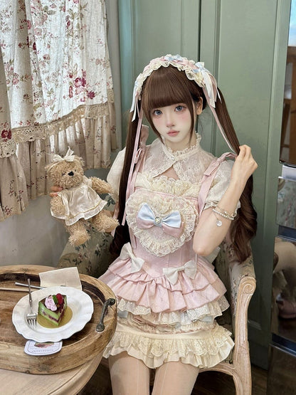 Rock Lolita + Akzente Puff Pink Volle Ärmel und Set Cami Sweet - Top Cropped Bow Blue