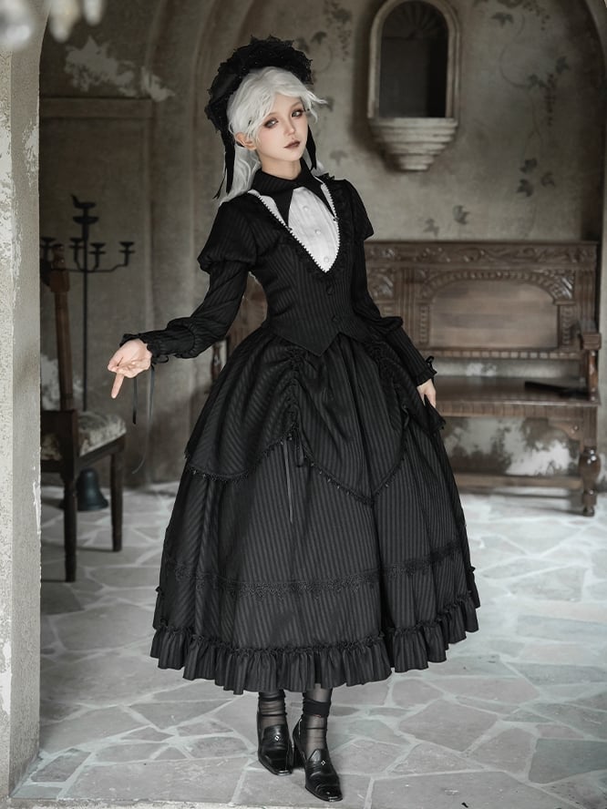 Striped Version Gothic Ruffle Drawstring Long Black Design Skirt with Lolita