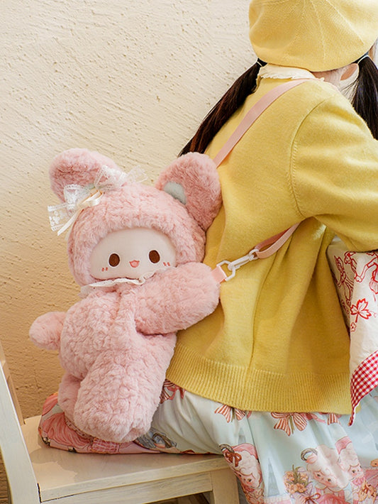 Pink Rabbit Bowknot Lace Details Plush Backpack Middle/Large Size