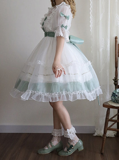 Dress Bow Ruffle with Accents Green Classic and White Lolita