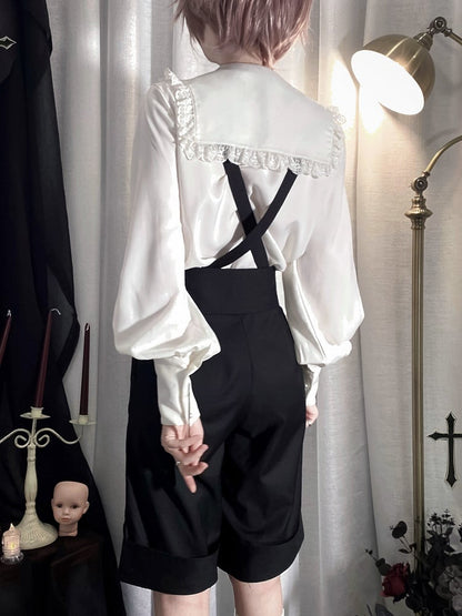 Schwarze Ouji Lolita-Overall-Shorts mit geradem Bein und hoher Taille