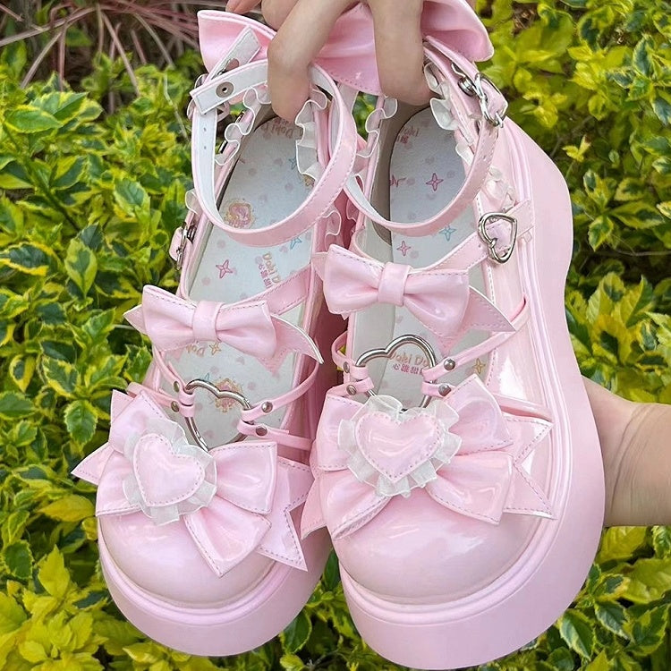 Pink - Lolita Sweet Details Janes Bow Platform Heart PU Mary Trim Lace with Accents
