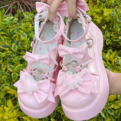 Bow Lace - Trim Heart Platform Details Janes Accents Sweet PU Pink Mary with Lolita