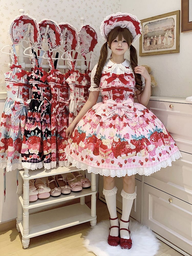 Drucken Erdbeerkleid Pink Dessert und Lolita Sweet