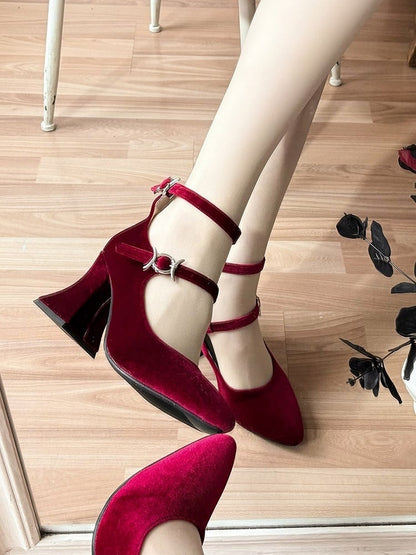 Elegant Red Heels Embellished - Lolita Wine Pointed Mary Closures Velvet Snap Jane Thorn Toe