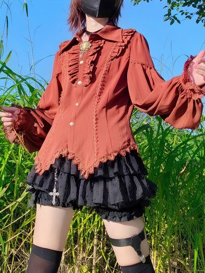 コーヒー色のエレガントなポインテッドカラーの長袖シャツ