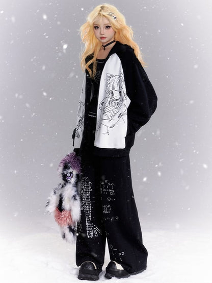 Schwarz-weißer Kapuzenpullover mit Farbblock-Reißverschluss und Manga-Mädchen-Print
