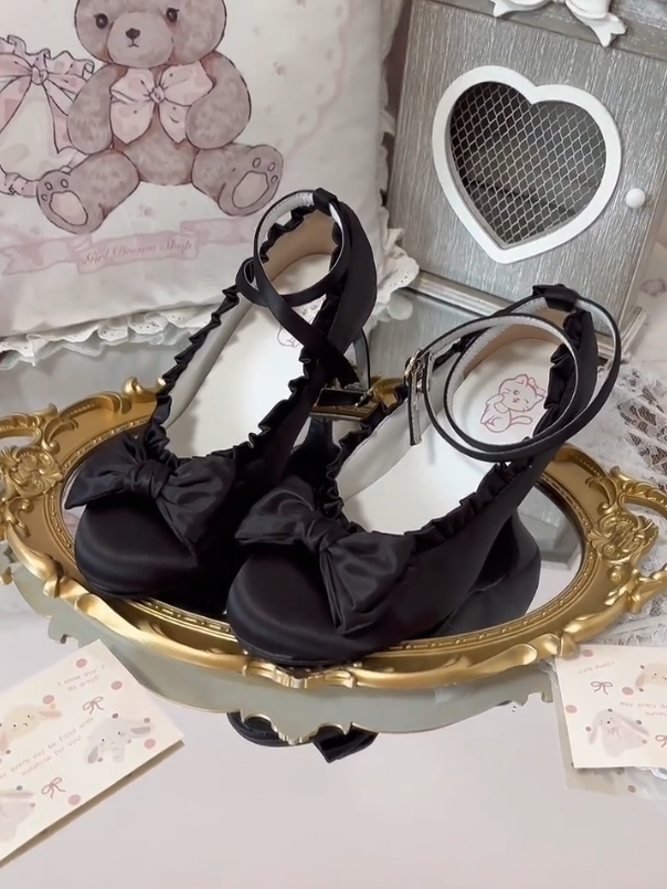 with Shoes Mid-heel in Interchangeable Elegant Lolita Snaps Satin Black Bow Trim Ankle Ruffles Top