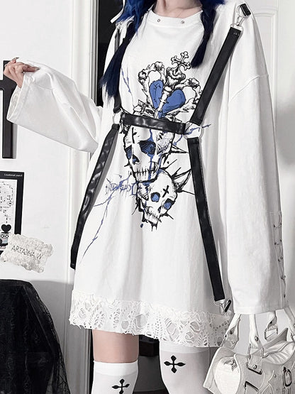 + Long-Sleeve Black Skull Print Straps Heart PU Punk Blue White with Subculture Top