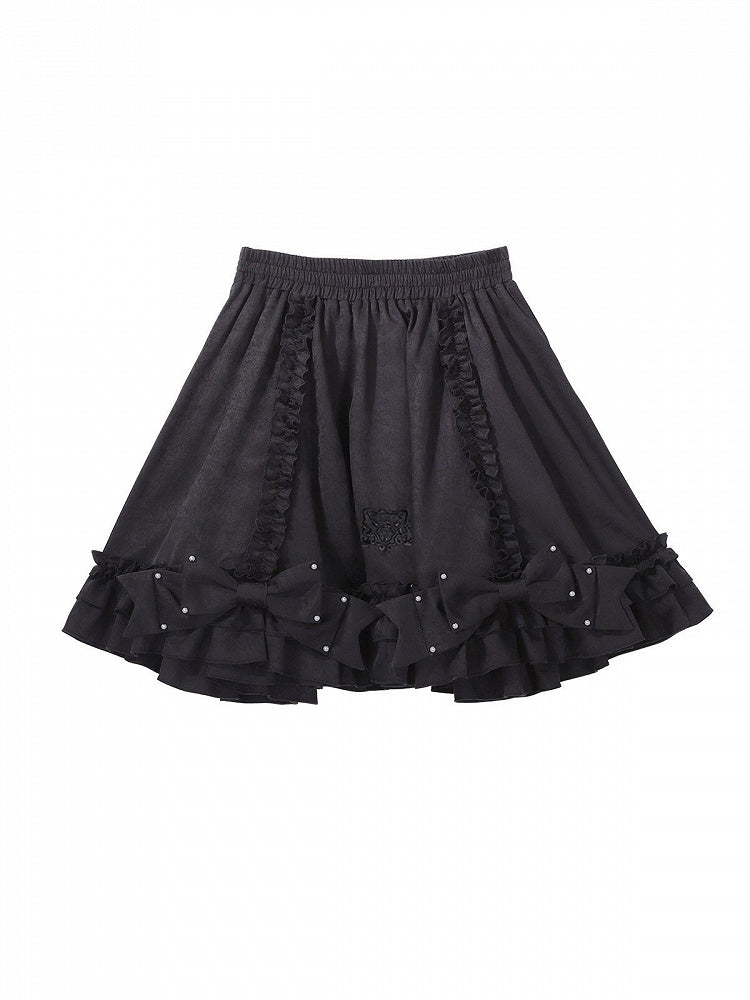 Vintage Lolita Skirt with Bow & Pearl Decoration in Black - Xiong Dou Jiang