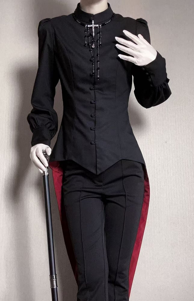 王子マンダリンブラックロングファッショントップスロリータテールスワローカラースリーブ