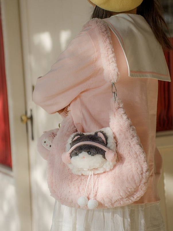 Pink Cute Kitty Plush Shoulder Bag With Pompons