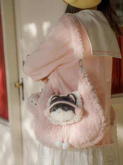 Pink Cute Kitty Plush Shoulder Bag With Pompons