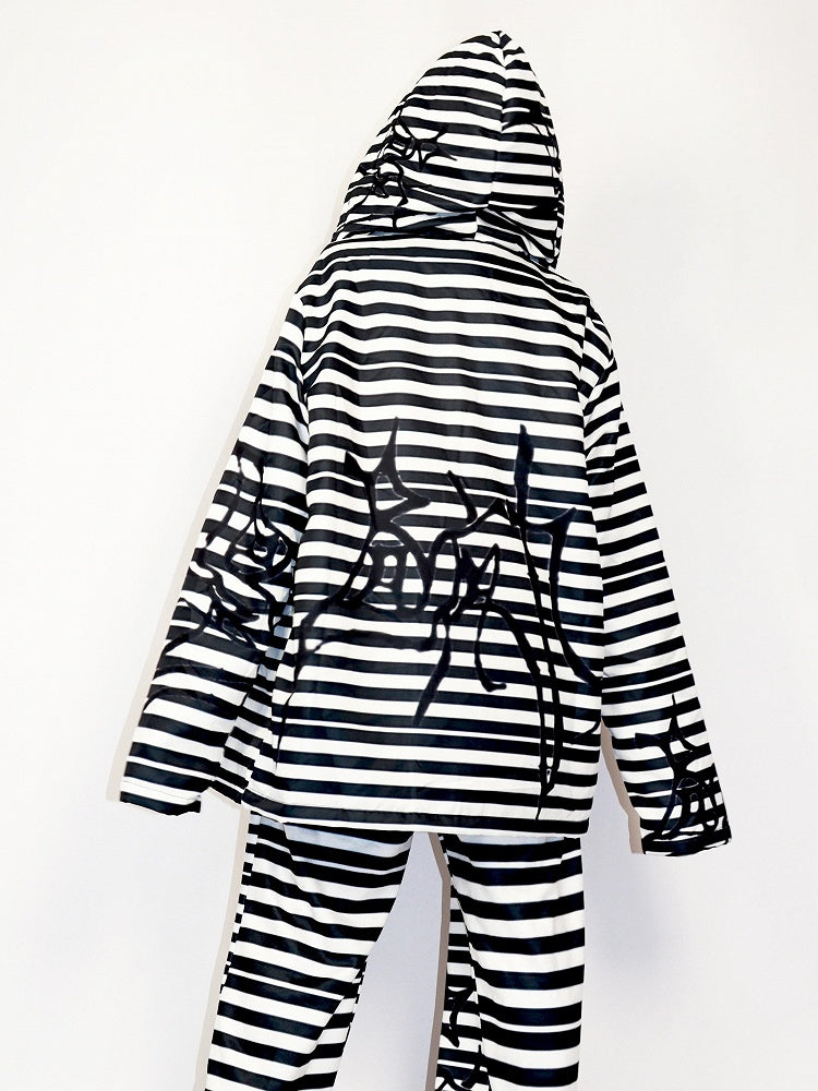 Hoodie Oversized Gyaru Schwarz-Weiß Muster Mode Reißverschluss Gestreifter Verschluss