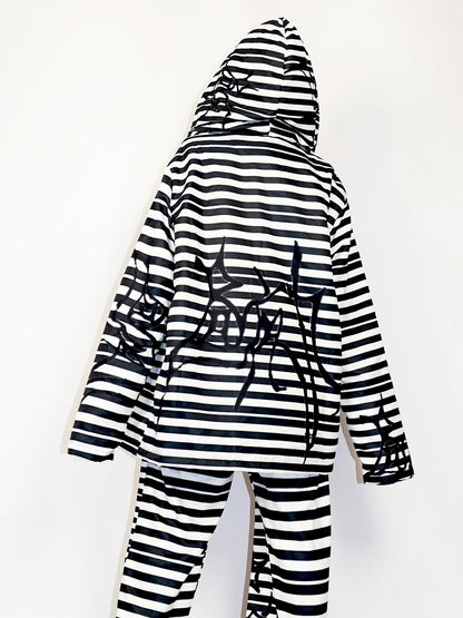 Hoodie Oversized Gyaru Schwarz-Weiß Muster Mode Reißverschluss Gestreifter Verschluss