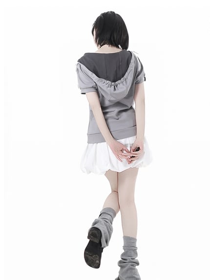 Grey Faux Two-pieces Hooded T-Shirt Lace-up Detail