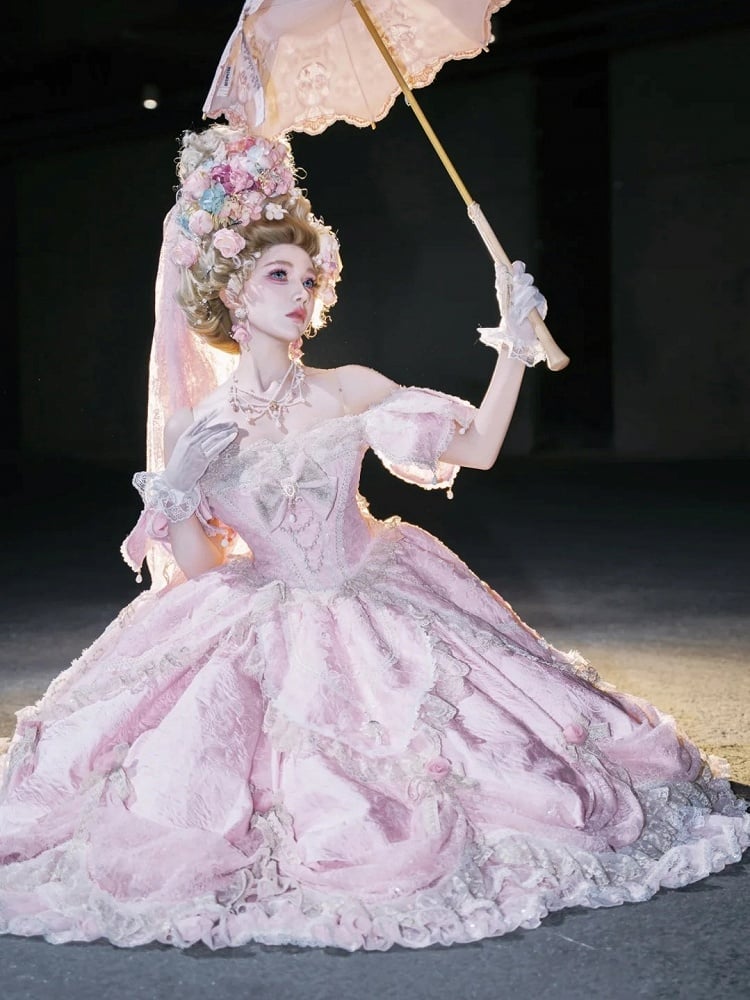Version Details Ruffles Hanayome Pink Short with and Layered Hime Gown Bow Lace Lolita Off-Shoulder
