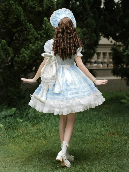und Peter Collar Lolita Kurzes blaues Pan-Kleid mit weißen Ärmeln