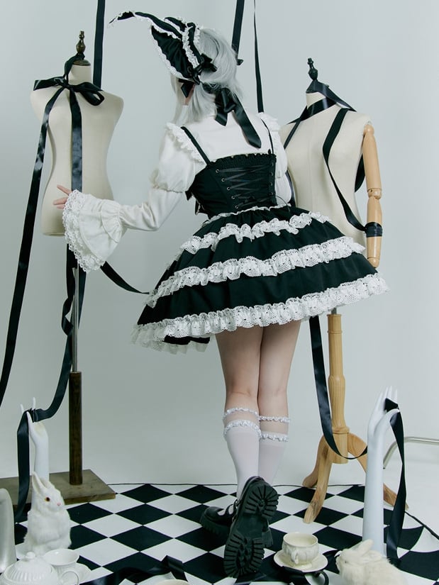 Black and White Old School Bowknot Details Lace Accents Balletcore Dress Lolita Jumper Skirt