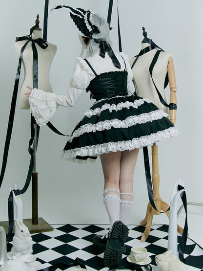 Black and White Old School Bowknot Details Lace Accents Balletcore Dress Lolita Jumper Skirt
