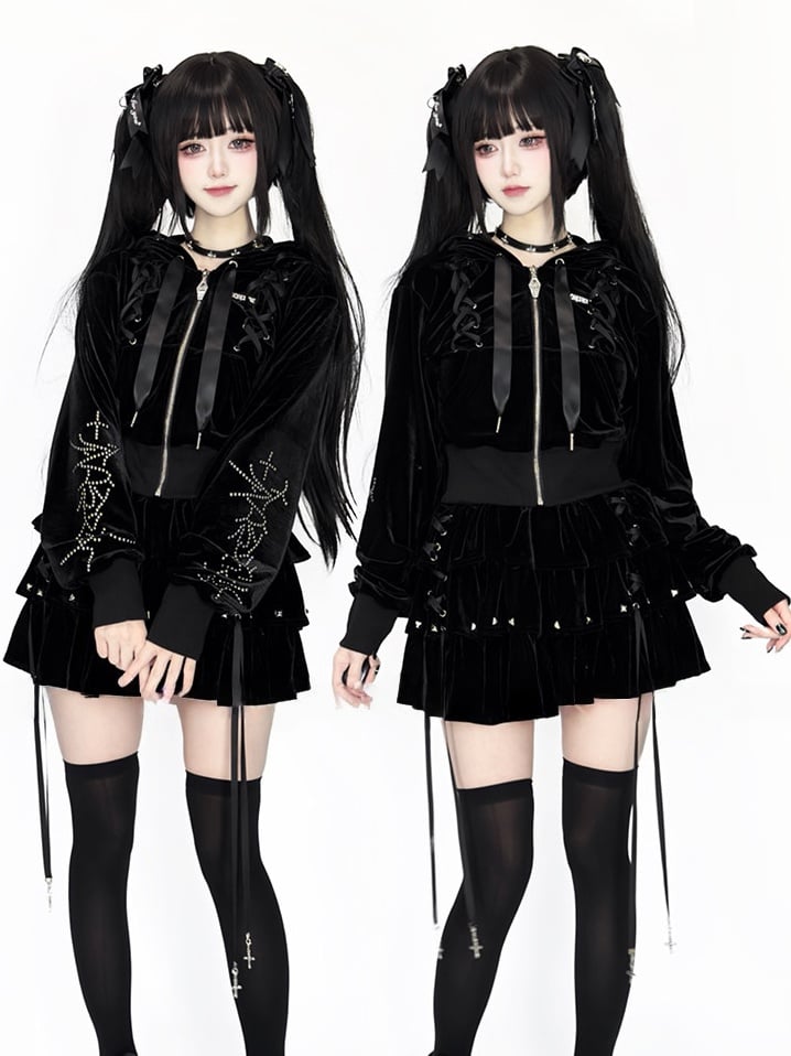 Kei Velvet Black Lace-Up Jirai Stud-Decorated Hoodie Dark