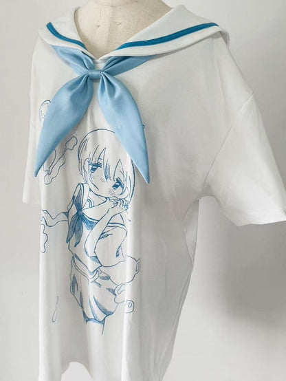 With Tenshi Bow Cartoon Tie T-shirt Collar Blue Sailor WhiteBlue Kaiwai Print