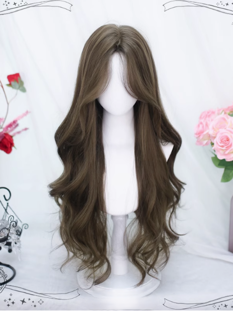 Long Wig With Light Curtain Brown Bangs Wavy