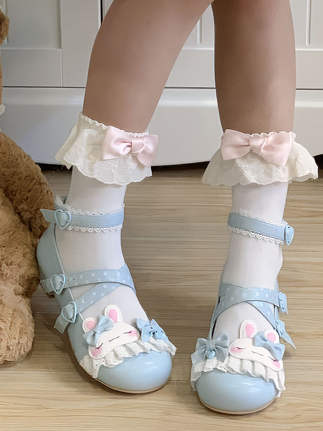 Sweet Design Crisscross Polka-dot Shoes Lolita Bunny Lace Applique Trim Pattern Details Bowknot Blue