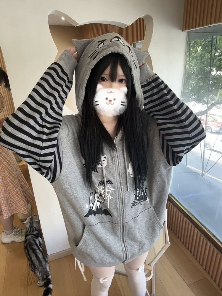 Alt-Culture Halloween-Themed Jacket Print Gray Zip-Up with Hood Cat-Ear