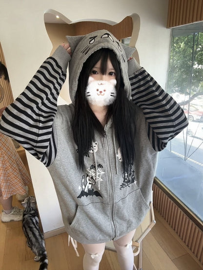 Alt-Culture Halloween-Themed Jacket Print Gray Zip-Up with Hood Cat-Ear