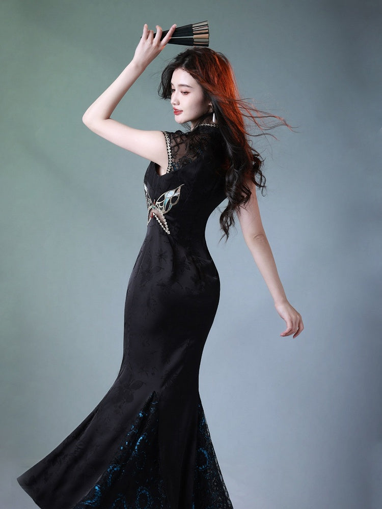 Butterfly Theme Classic Cheongsam Long Dress with Embroidered Fish Tail - sijinstudio