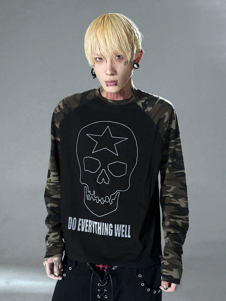 Black Skull Print Camo Long Sleeve Punk Top - DETW OnLine