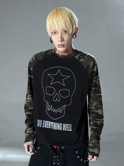 Black Skull Print Camo Long Sleeve Punk Top - DETW OnLine