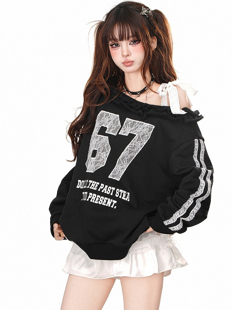 ブラック/グレー レースアップリケ アシンメトリーネックライン スウェットシャツ