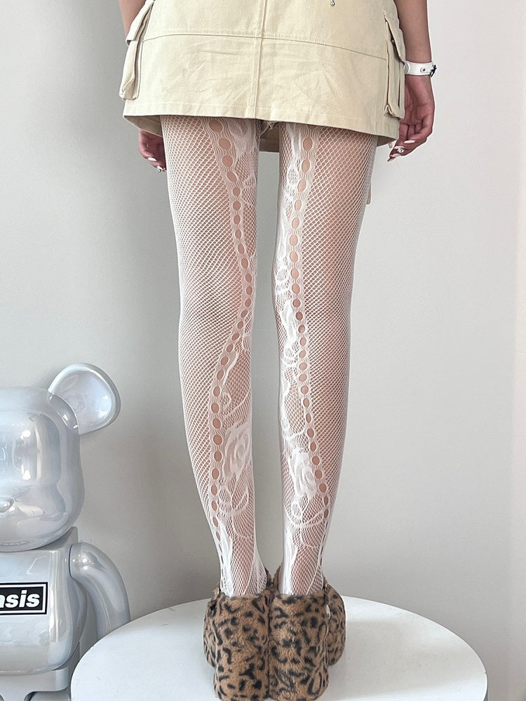 Black/White/Brown Cut-out Floral Tights Y2K Pattern Design