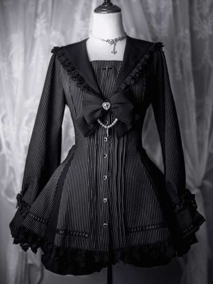 Coord Striped Jirai Shorts Lace Threading Top with Collar Kei Black Bell Gothic + Matching Set: Sailor Sleeves