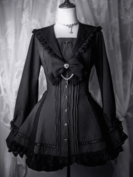 Coord Striped Jirai Shorts Lace Threading Top with Collar Kei Black Bell Gothic + Matching Set: Sailor Sleeves
