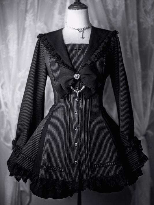 Jirai Kei Black Striped Gothic Coord Set Sailor Collar Top with Bell Sleeves and Lace Threading Plus Matching Shorts - Sugar Rush