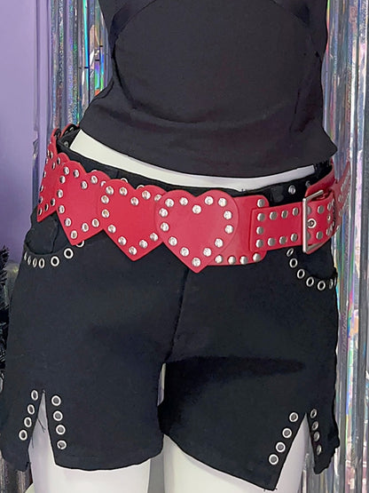 Punk Waist Studs Red Design Heart Y2K PU Belt