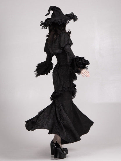 Schwarzer eleganter Gothic Lolita Meerjungfrauenrock mit Volantbesatz