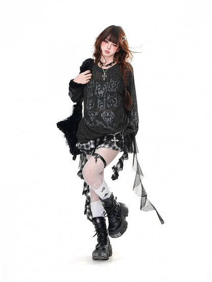 Schwarz/Beige, halbtransparentes, lockeres Oberteil mit Rundhalsausschnitt und Welpen- und Kätzchenmotiv