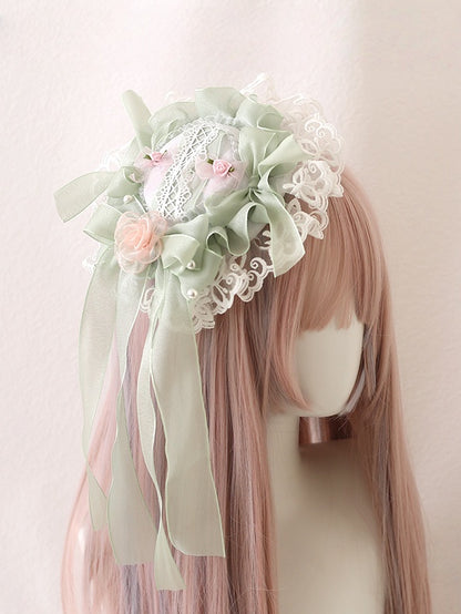 Hat Lolita Fresh Camellias Beads Mini With Pink Sweet Green Bowknots
